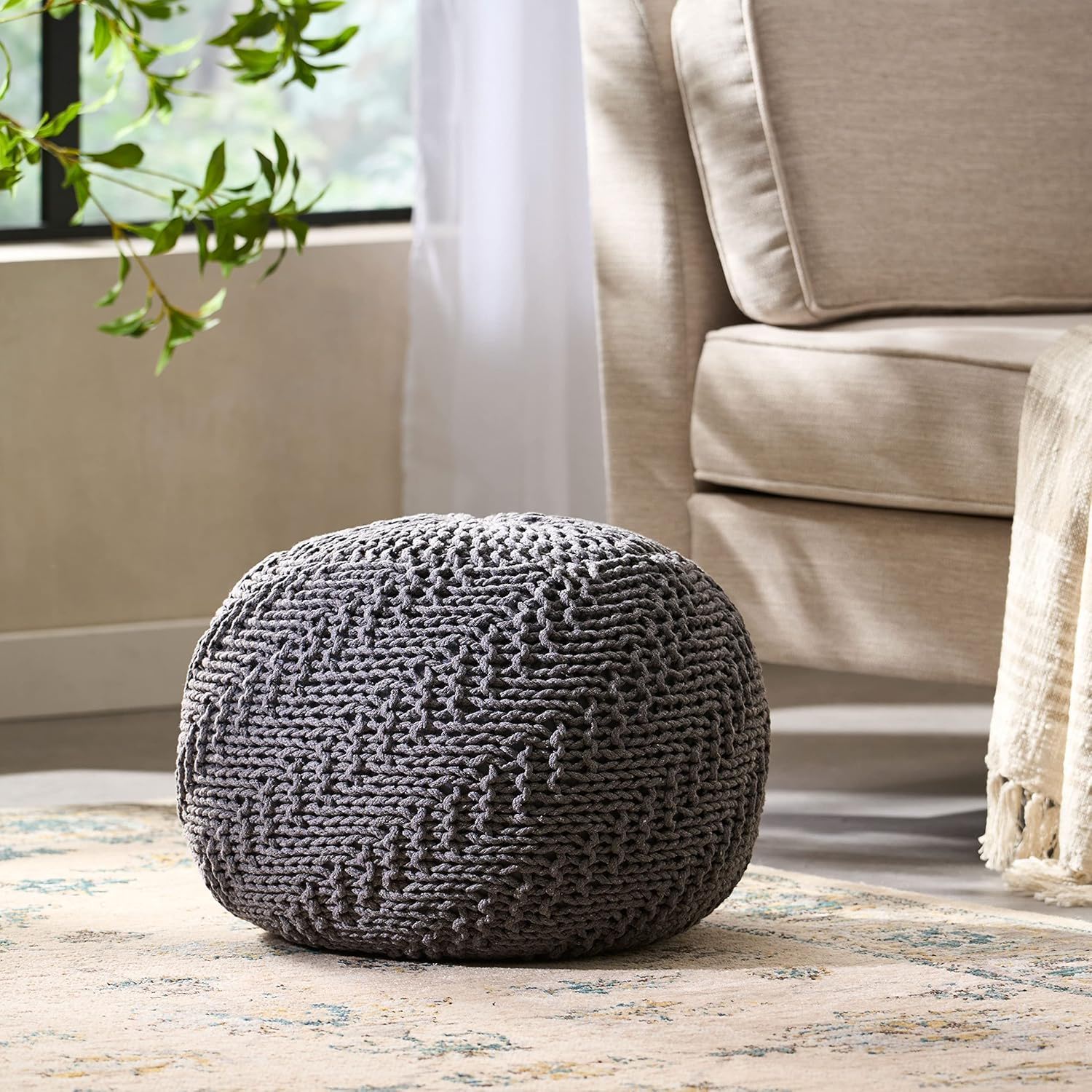 Hazel Knitted Cotton Yarn Round Pouf with Eco Pet Fibers