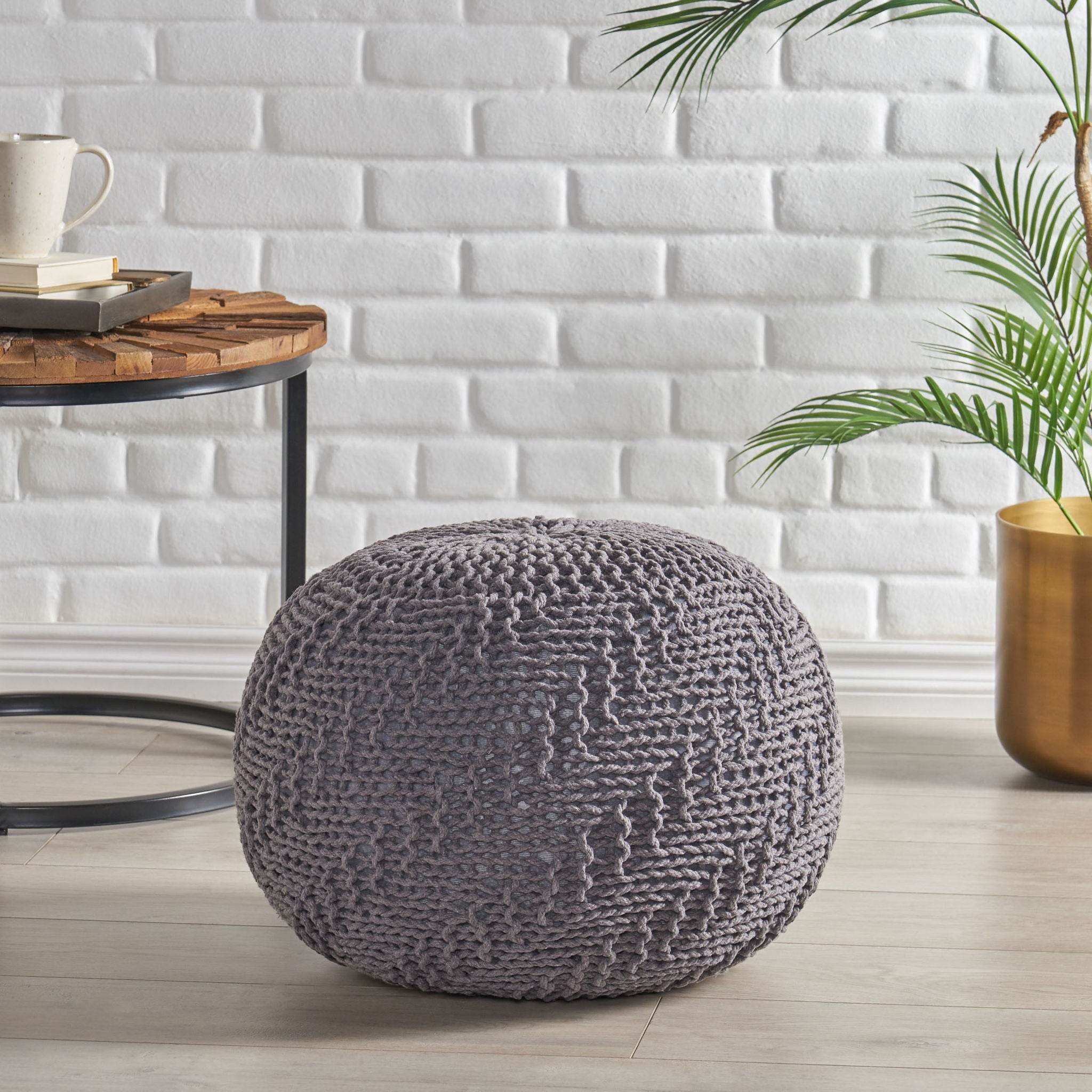 Hazel Knitted Cotton Yarn Round Pouf with Eco Pet Fibers