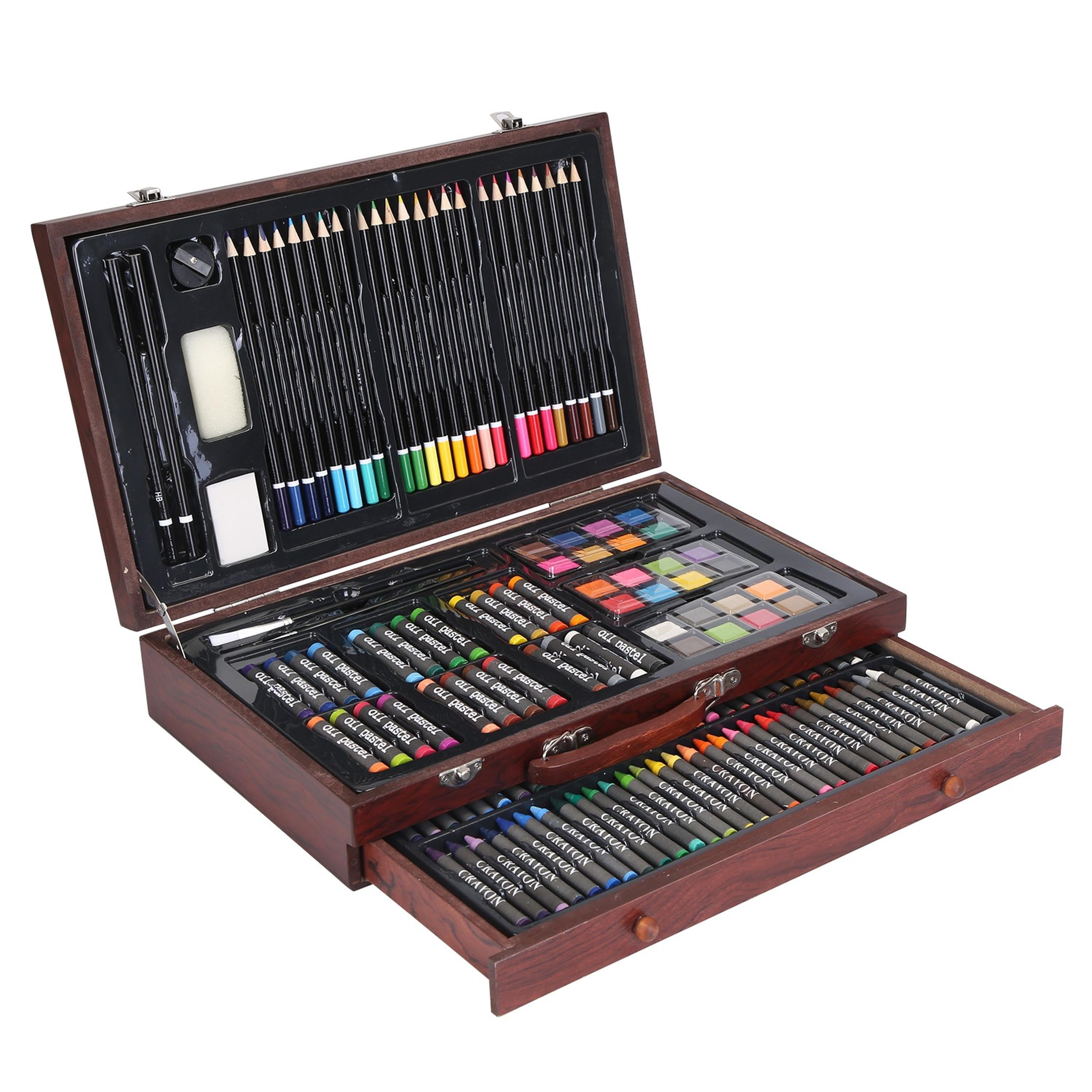 140Pcs Art Supplies Set in Elegant Wooden Box Drawing Kit