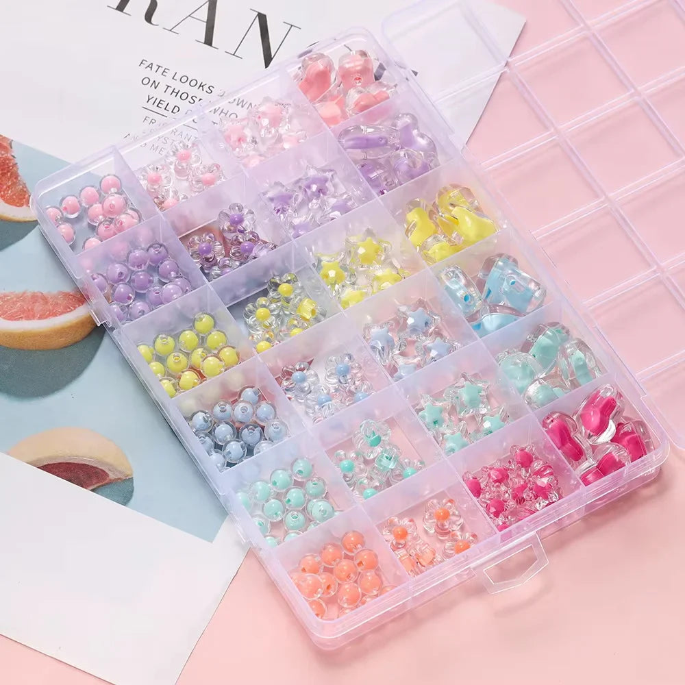 174pcs Heart Acrylic Beads Flower Spacer Jewelry Making Kit Box
