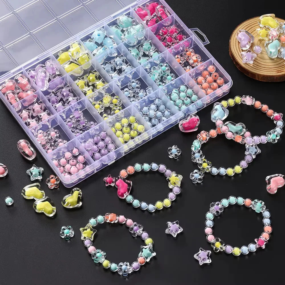 174pcs Heart Acrylic Beads Flower Spacer Jewelry Making Kit Box