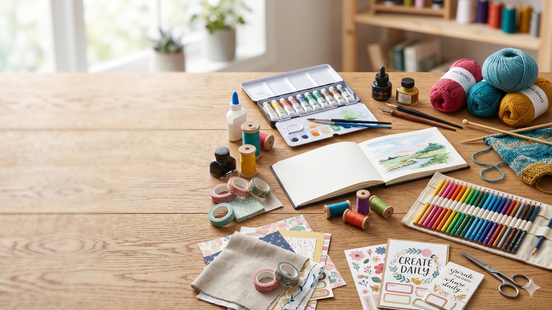 Art supplies including paint, yarn, and stationery on a wooden table.