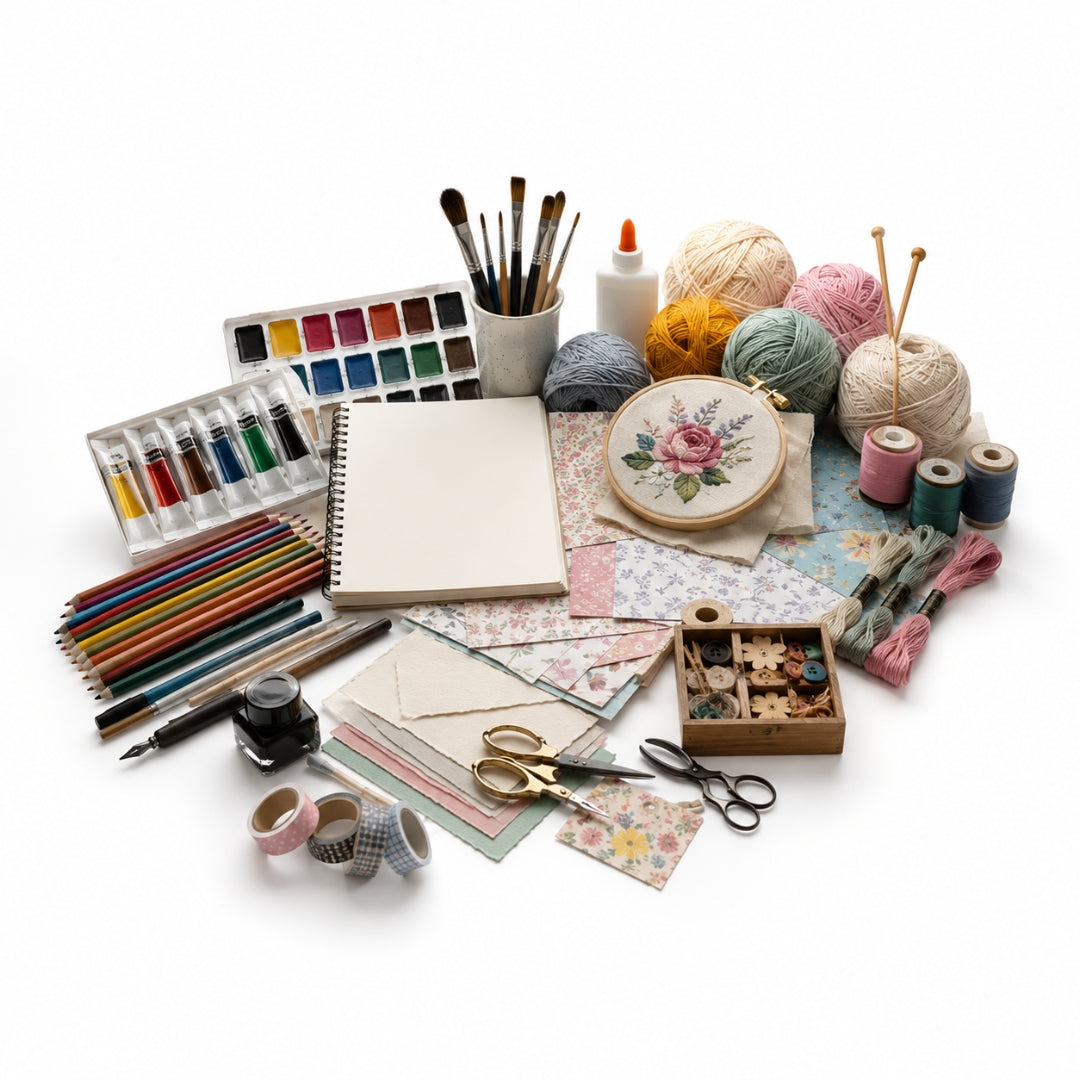 Assorted craft supplies including yarn, paintbrushes, and stationery on a white background