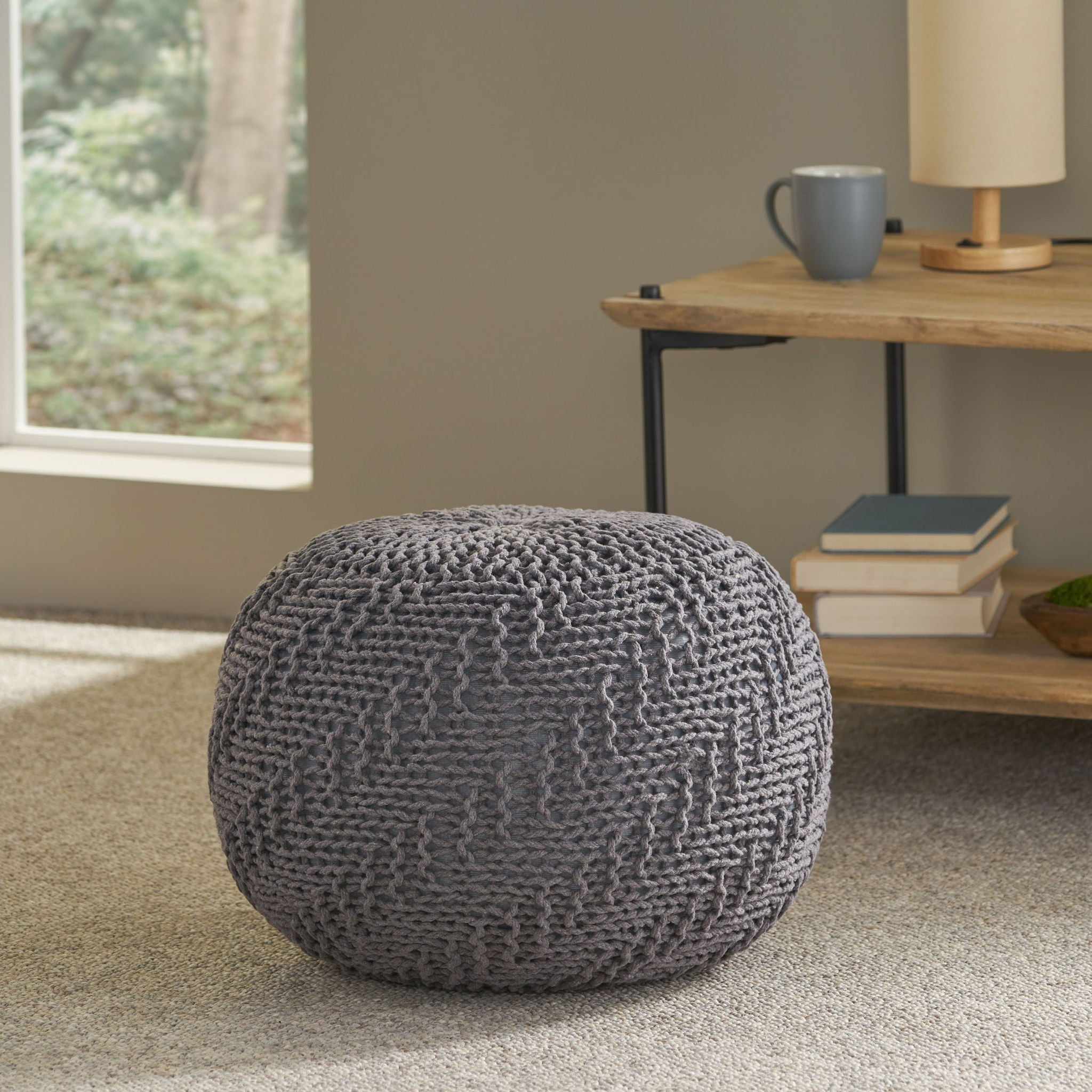 Hazel Knitted Cotton Yarn Round Pouf with Eco Pet Fibers