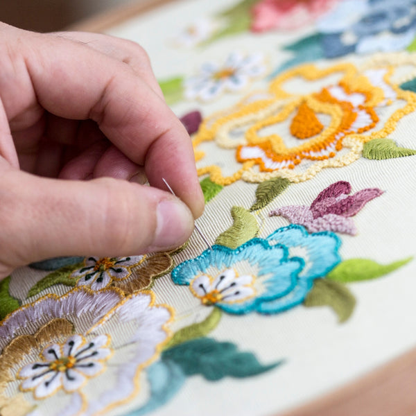 Hand holding a needle above an embroidered floral design