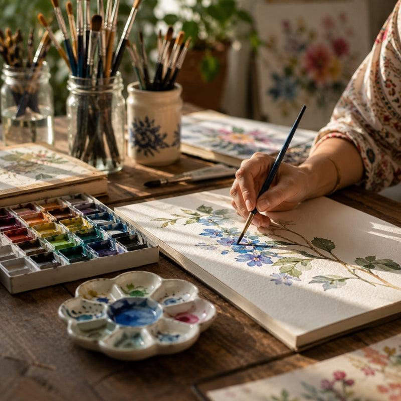 Person painting flowers in a sketchbook with watercolor paints on a wooden table.