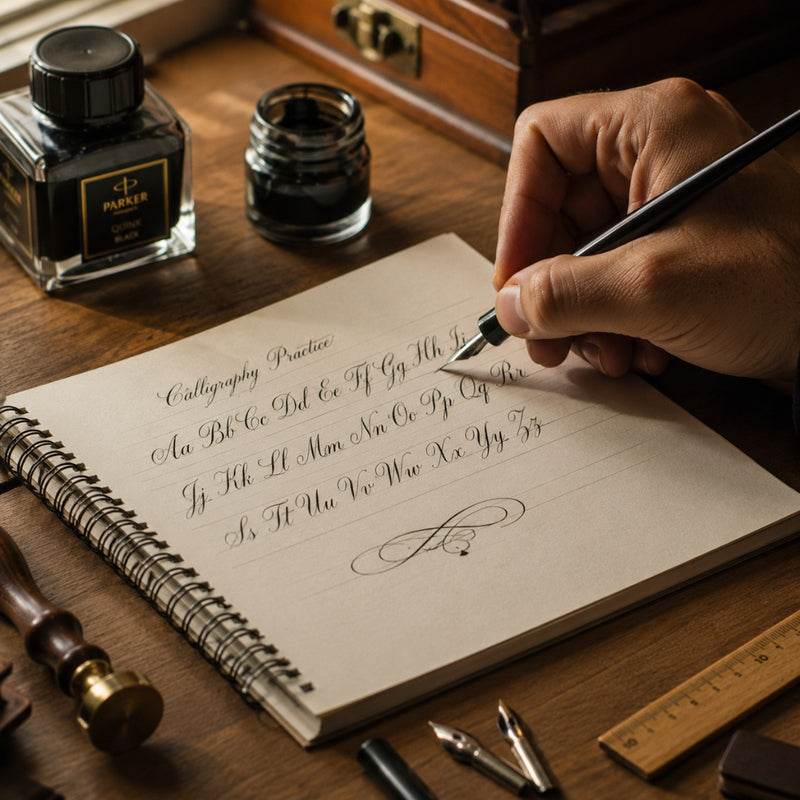 Person practicing calligraphy with an inkwell and fountain pen on a wooden desk.